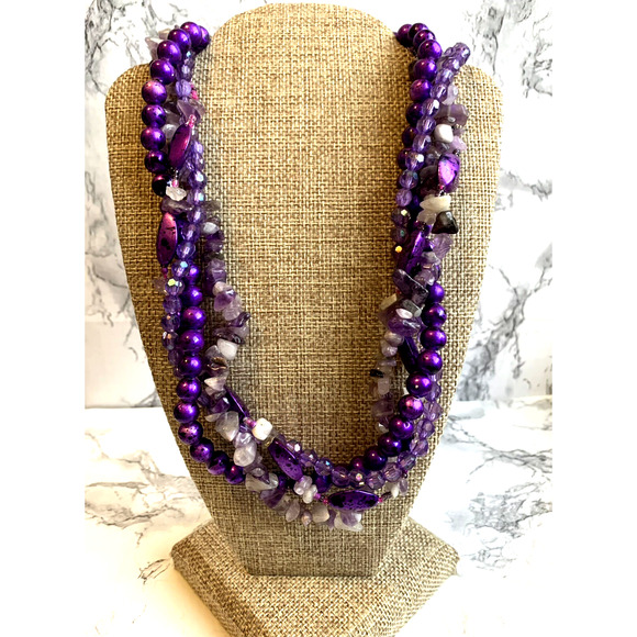 Purple Faux Pearl AB Bead Necklace Quartz Chips 80's Core Bold Adjustable Twist. - Picture 1 of 8